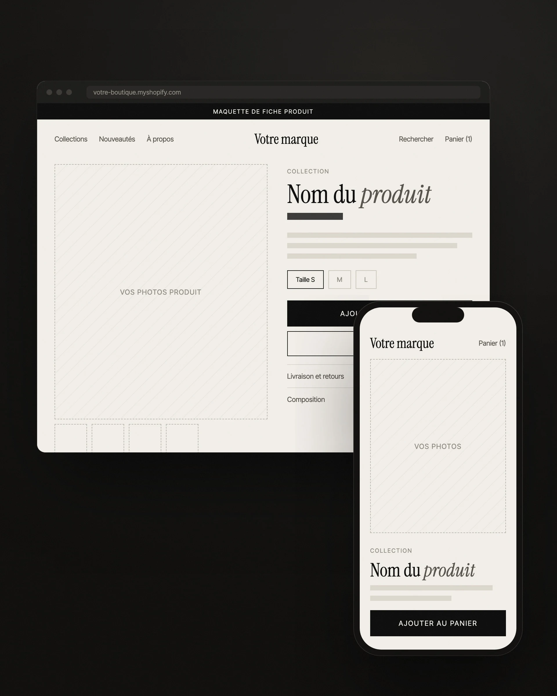 Neutral mockup of a Shopify product page, on desktop and phone
