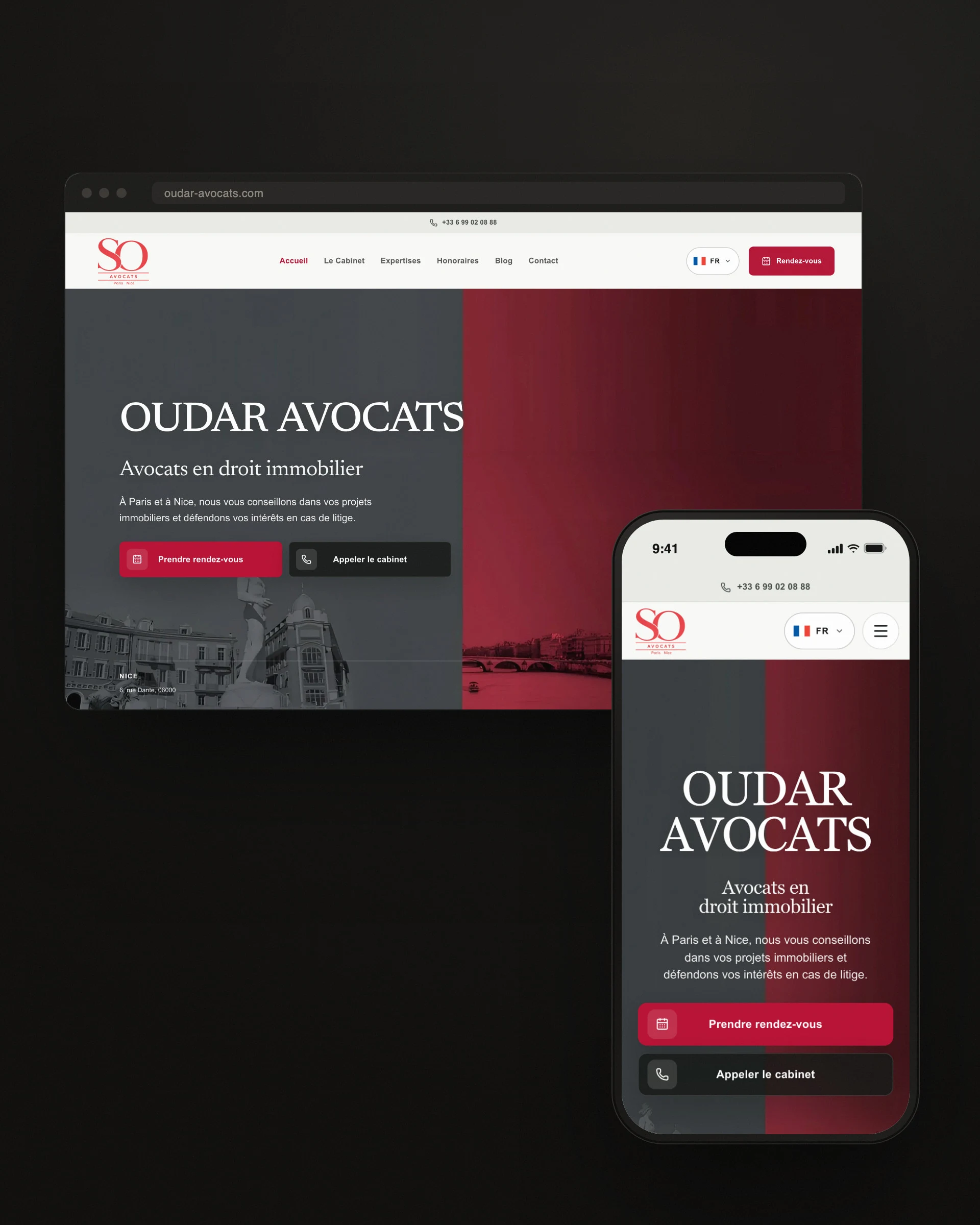 Oudar Avocats website, on desktop and phone